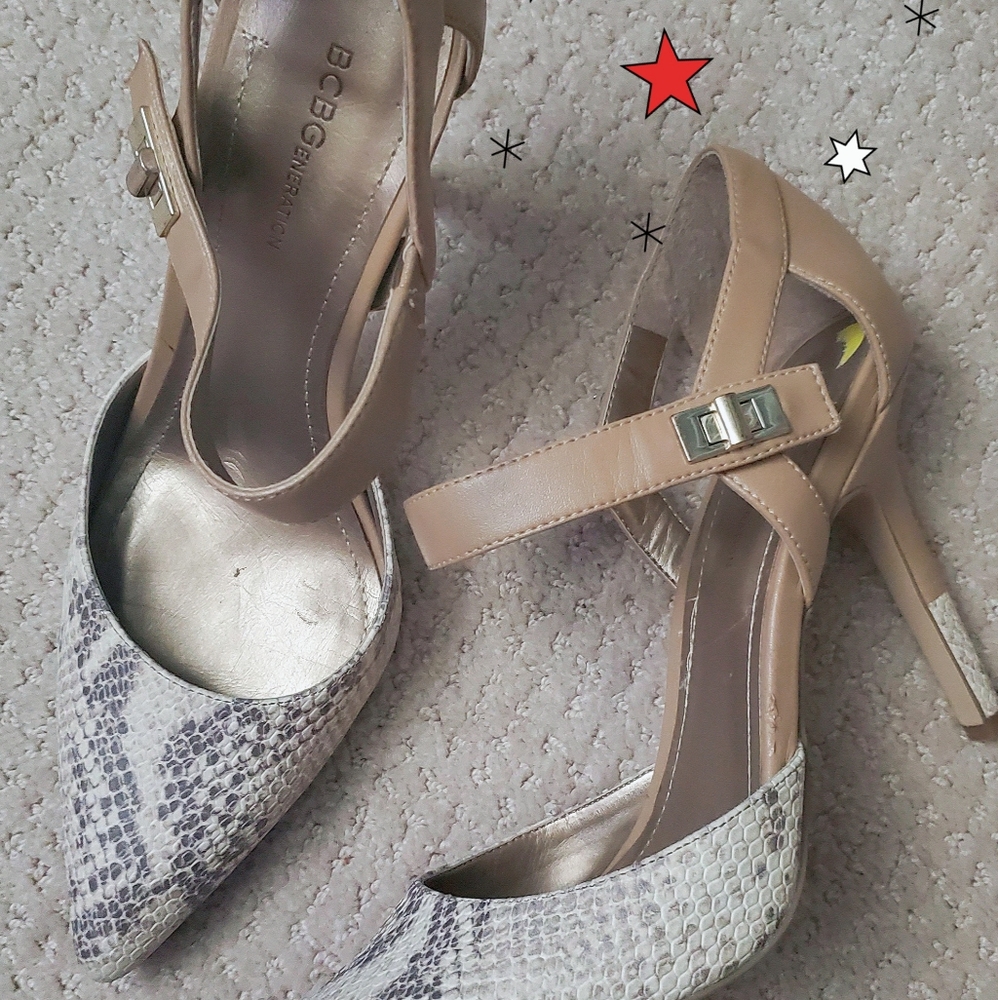 BCBGeneration Beige and Snake Print Heels